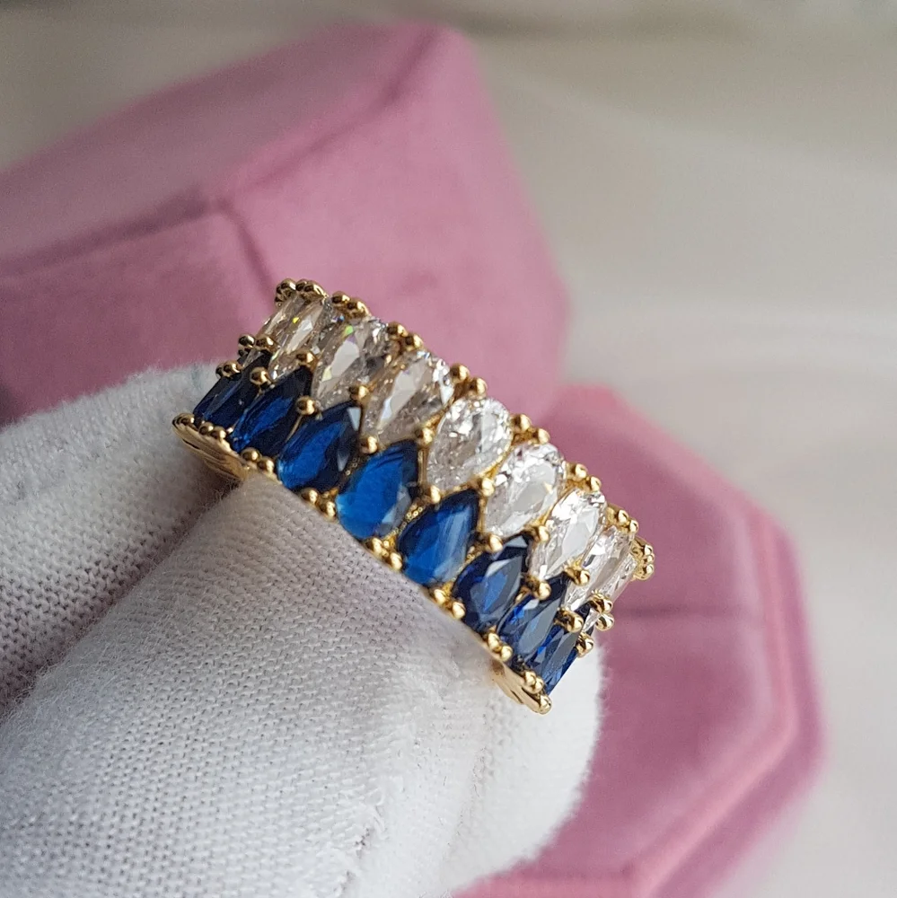 Swarovski Elements Gold Clear & Royal Blue Teardrop Eternity Band Ring NEW